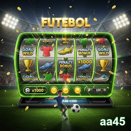 Imagem do jogo de slot de futebol disponível no site aa45, com símbolos de jogadores e bola.